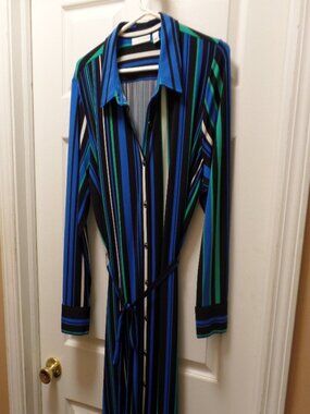 *NWoT* Susan Graver XL 18 20 Belted Black Blue Stripe Button-Front Shirt Dress